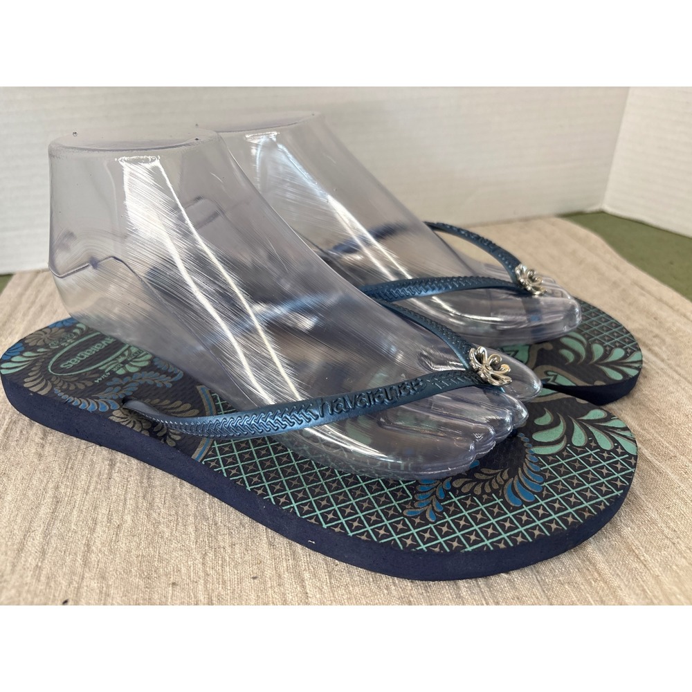 Havaianas Paisley Floral Flip Flops Navy Blue Teal Silver Flower Charm 11/12 W